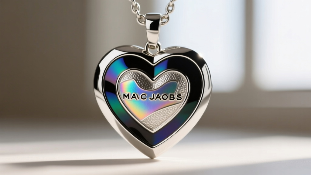 Extreme close-up macro shot of a silver-tone Marc Jacobs heart pendant showing the epoxy enamel fill and crisp metal borders
