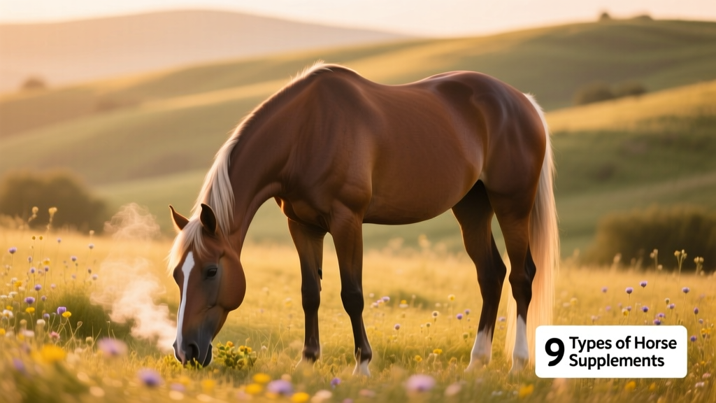 A calm, well-groomed horse grazing peacefully in a sunlit pasture