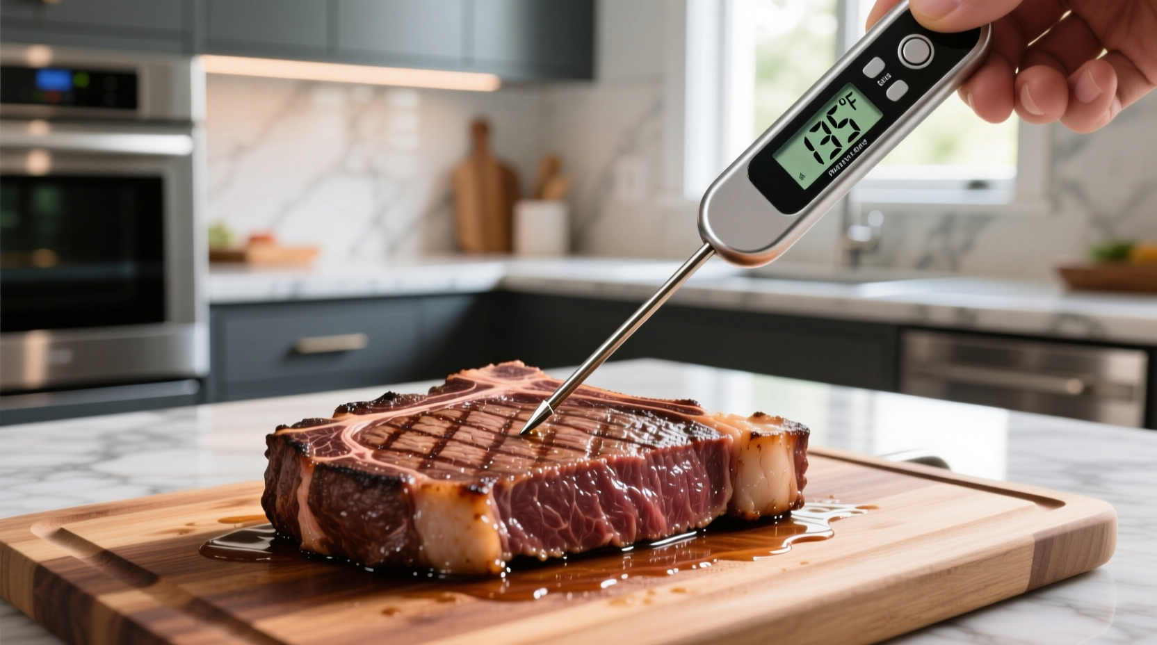 Digital thermometer checking steak temperature in kitchen
