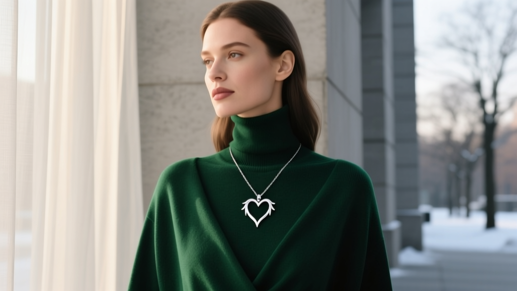 Woman wearing a subtle sterling silver Grinch heart silhouette necklace over a dark green turtleneck sweater in soft winter light