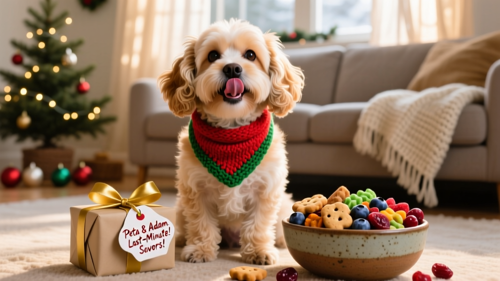 A joyful Cavachon wearing a festive bandana, mid-lick, sitting beside a small wrapped gift and a bowl of treats