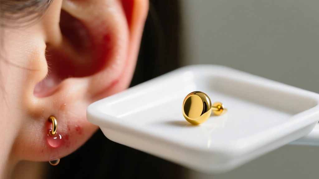 Macro photo of an irritated earlobe piercing next to a polished 14k yellow gold stud earring resting on a sterile medical tray