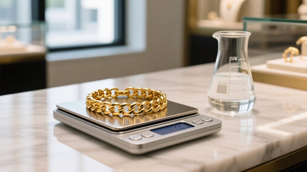 Digital scale showing a 10k gold Cuban link bracelet next to a glass beaker of water for specific gravity testing in a jewelry shop.