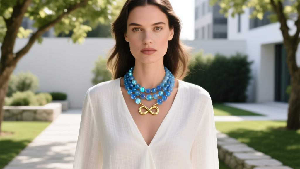 Woman wearing a layered 6mm blue fluorite bead necklace with a gold pendant, paired with a white linen V-neck blouse outdoors.