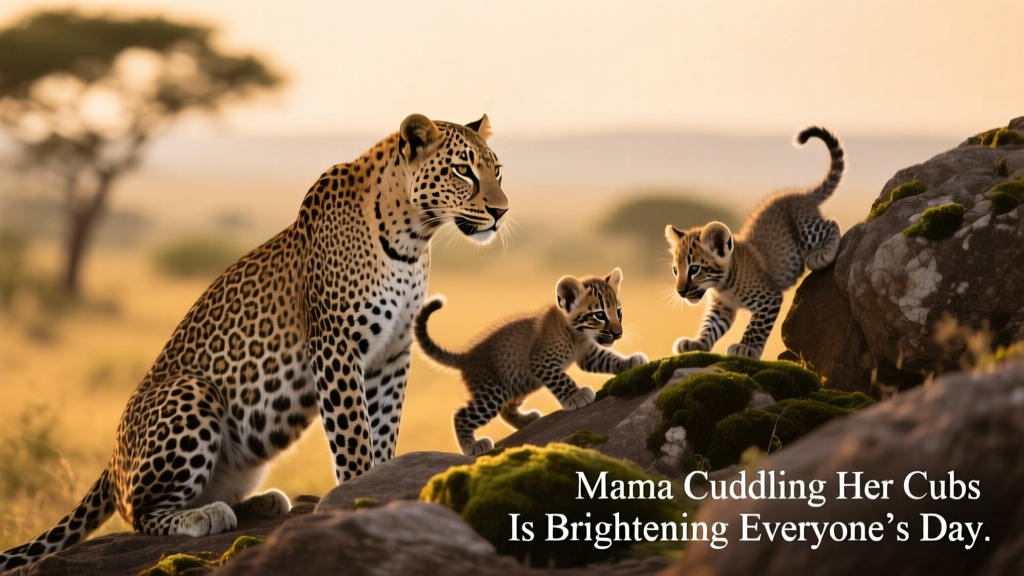 Leopard mother watching her cubs explore a rocky outcrop nearby