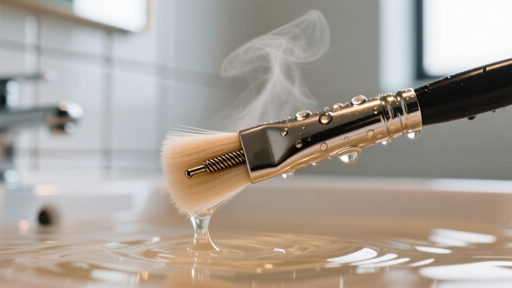 Macro shot of a soft brush cleaning the internal threads of a 16-gauge titanium L-shaped nostril stud under warm running water.