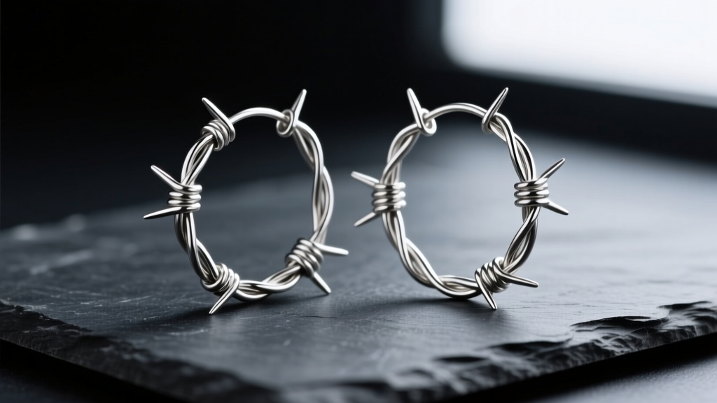 Close-up macro shot of sterling silver barbed wire hoop earrings resting on a dark slate surface, highlighting twisted metal details