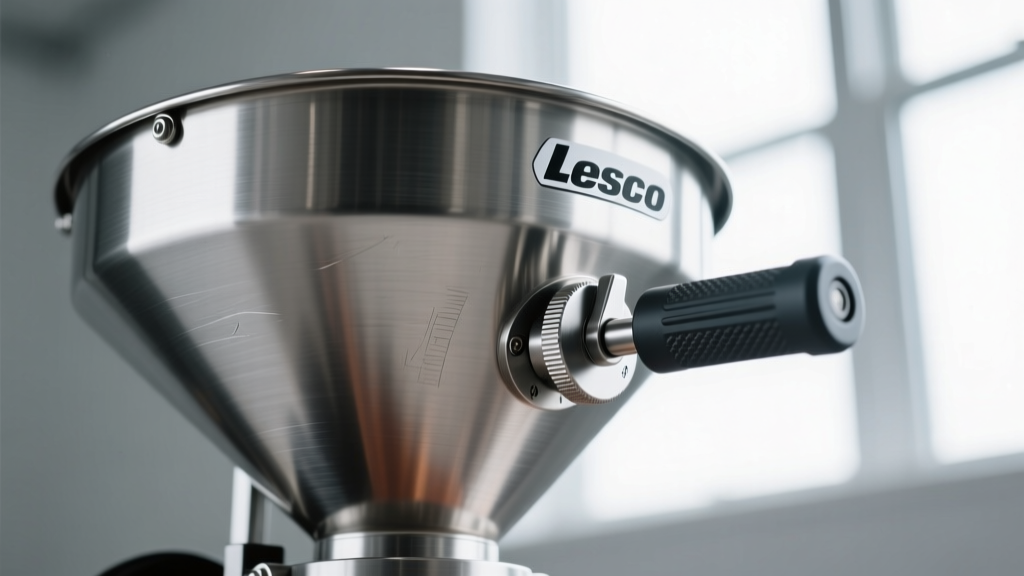 Close-up view of the stainless steel hopper and flow-rate adjustment lever on a Lesco drop spreader