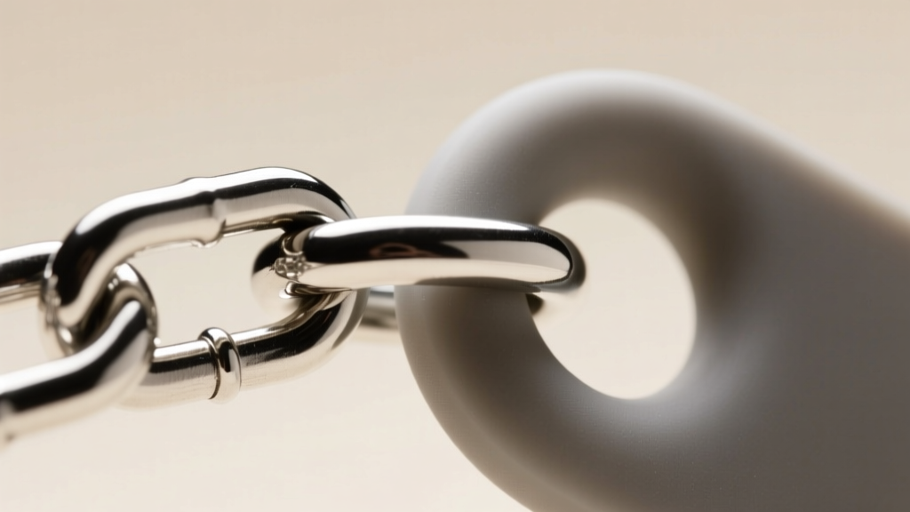 Macro shot of a 14-gauge stainless steel chain clasp connecting to a silicone shield, highlighting the polished metal finish.