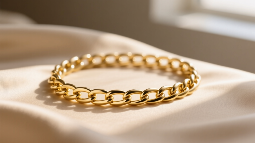 Close-up of a delicate 14k yellow gold box chain resting on beige silk fabric, soft morning light highlighting the smooth links.