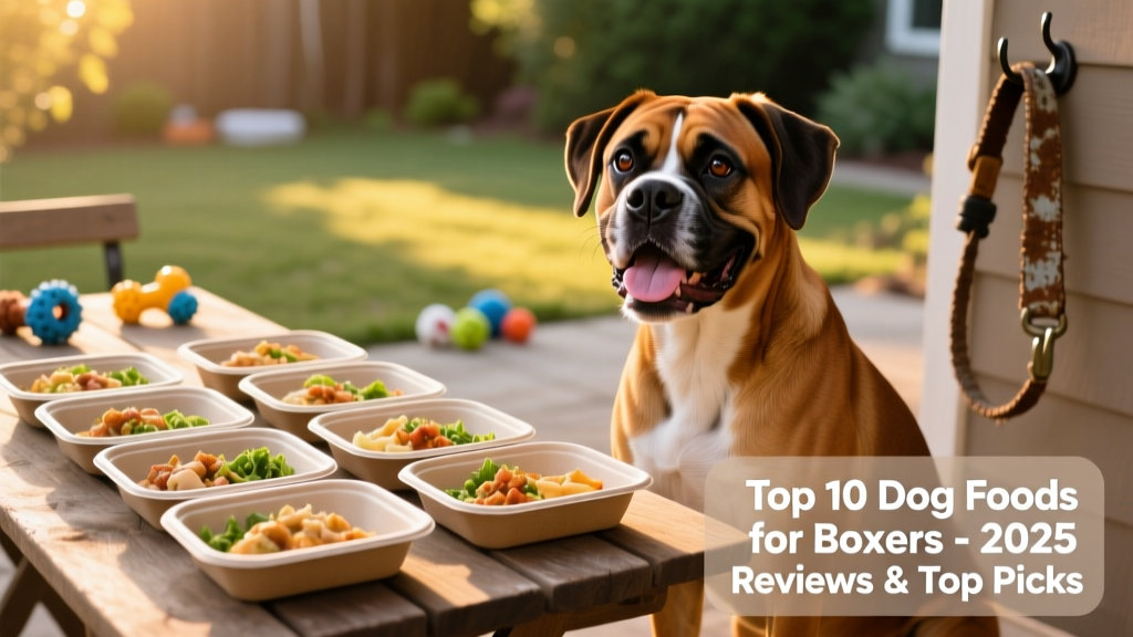 Fresh FurPetVo meal portions in recyclable trays, arranged beside a healthy, smiling Boxer