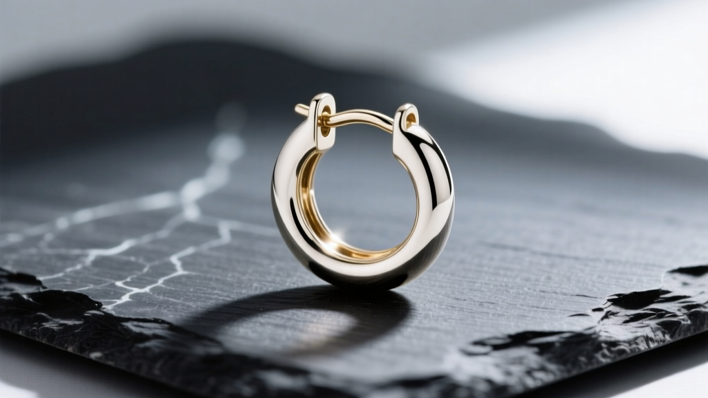 Macro photography of an 11mm 14k white gold huggie earring with a hinged clicker clasp, resting on a dark slate surface