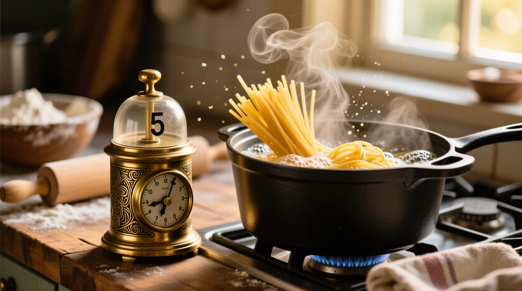 Close-up of pasta timer next to boiling pot