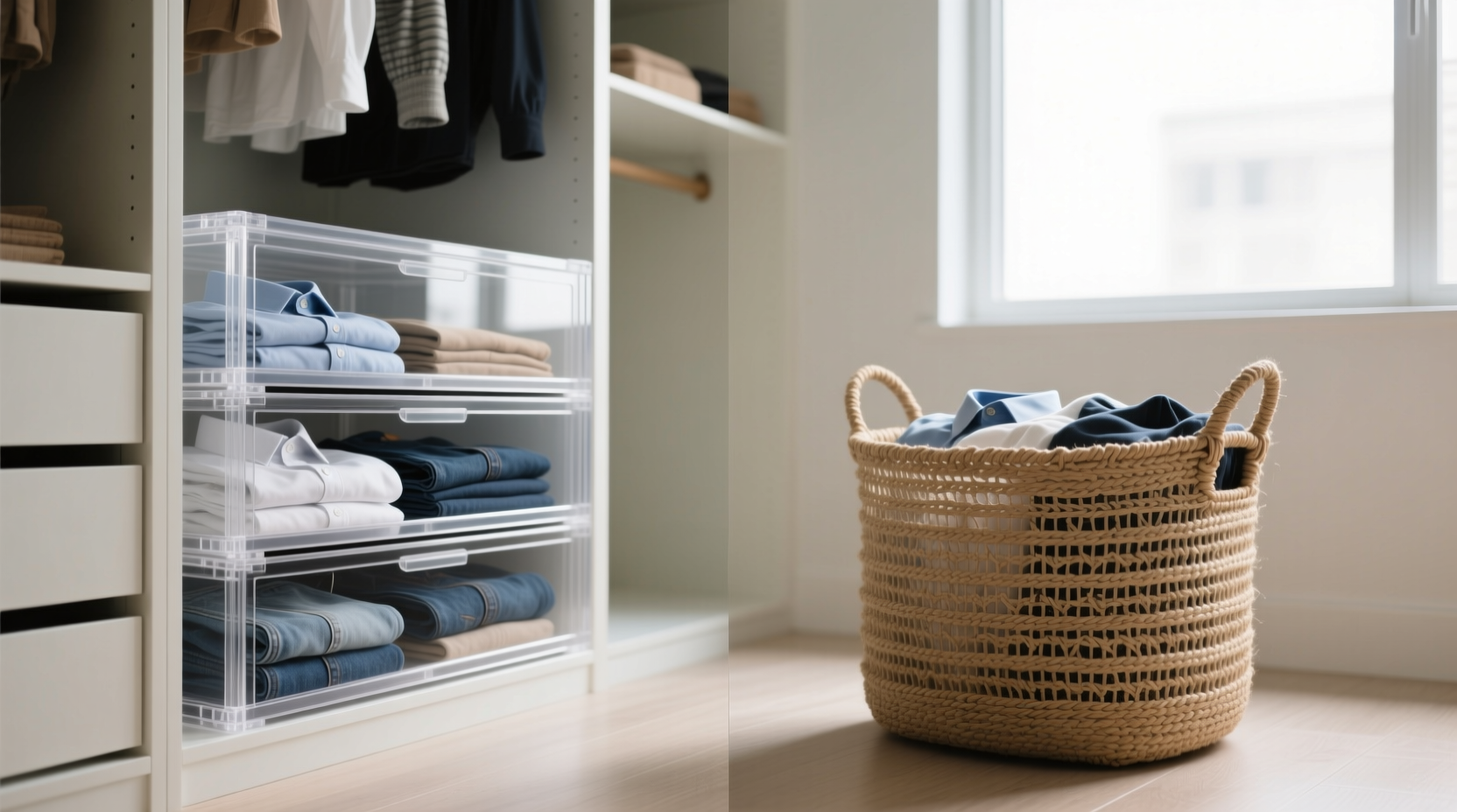 closet organization tips acrylic vs woven storage