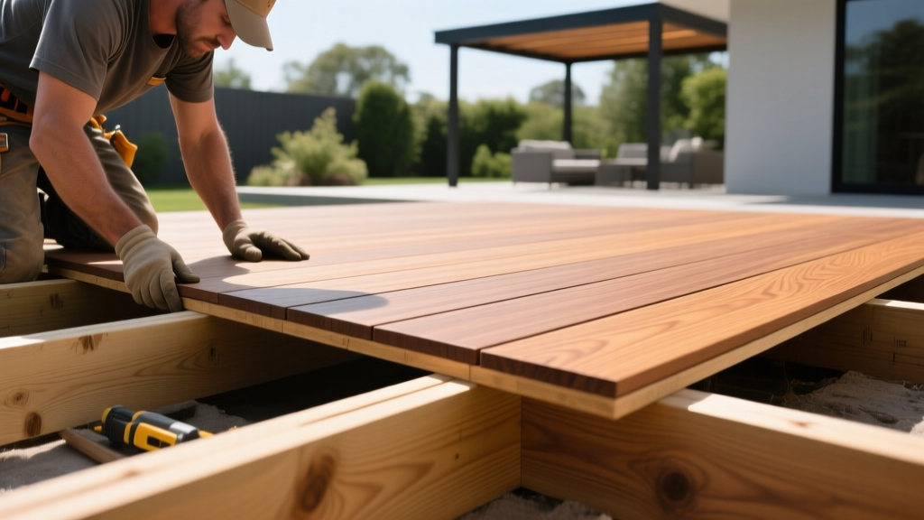 Contractor installing interlocking composite deck covering material boards in warm teak finish over a pressure-treated wood frame.