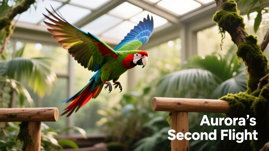 Aurora mid-air, wings fully extended, gliding confidently between two low perches in an indoor aviary