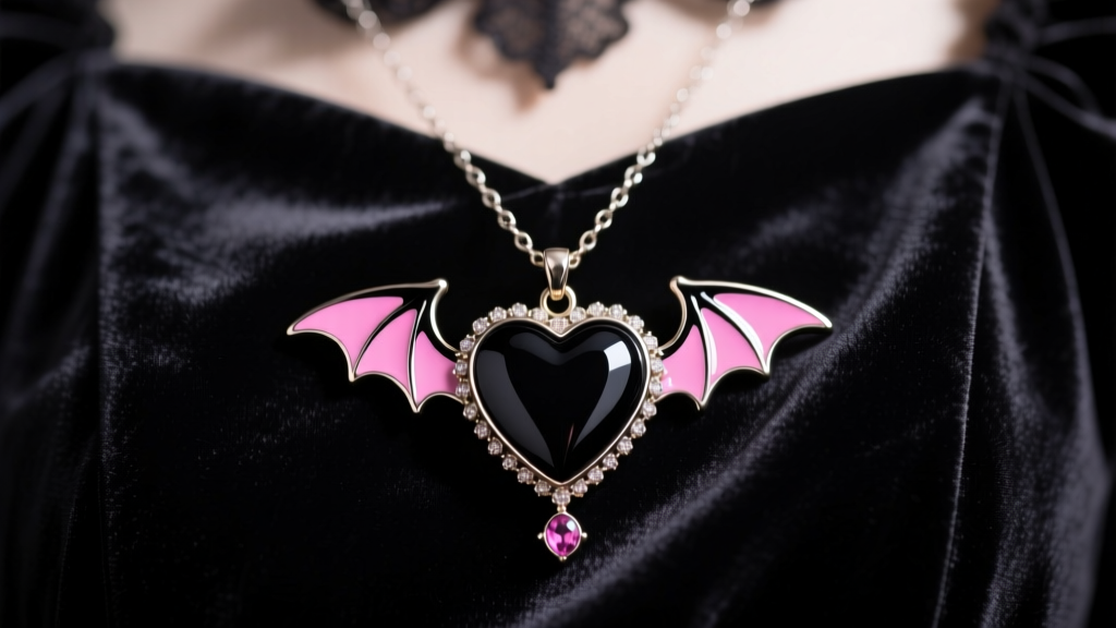 Close-up of a black and pink enameled heart pendant necklace with bat wings, resting on dark velvet gothic lolita dress fabric.