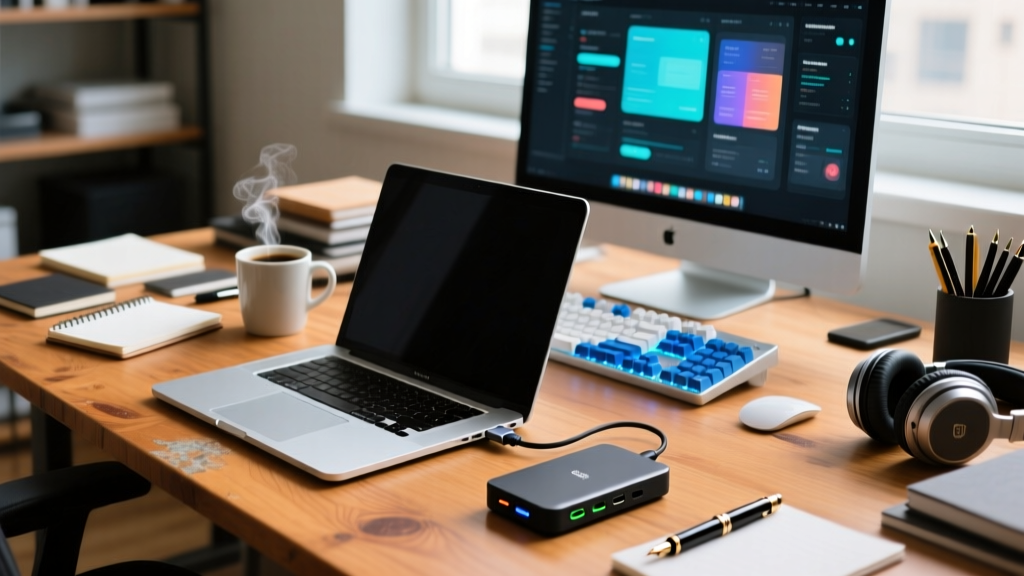 A cluttered wooden desk featuring a sleek silver laptop connected to a compact budget USB-C hub, with an external monitor and mechanical keyboard in the background.
