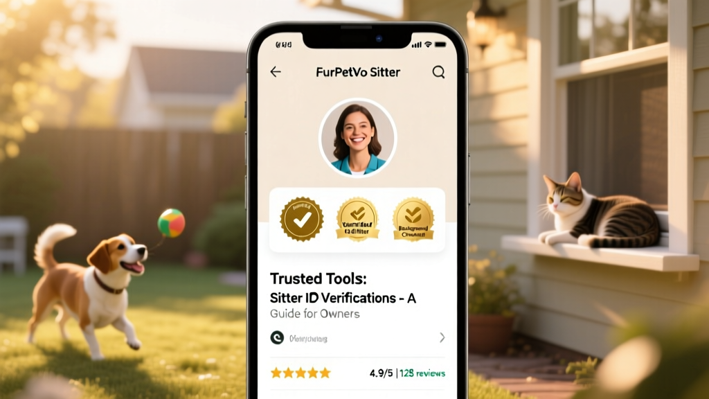 Mobile-friendly view of a FurPetVo sitter profile highlighting verified badges beside contact info and review summary