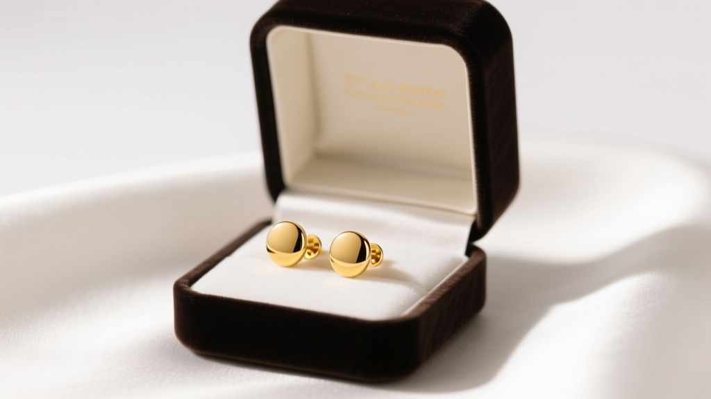 Open velvet box revealing polished 10k yellow gold stud earrings on white satin, illuminated by soft warm studio lighting