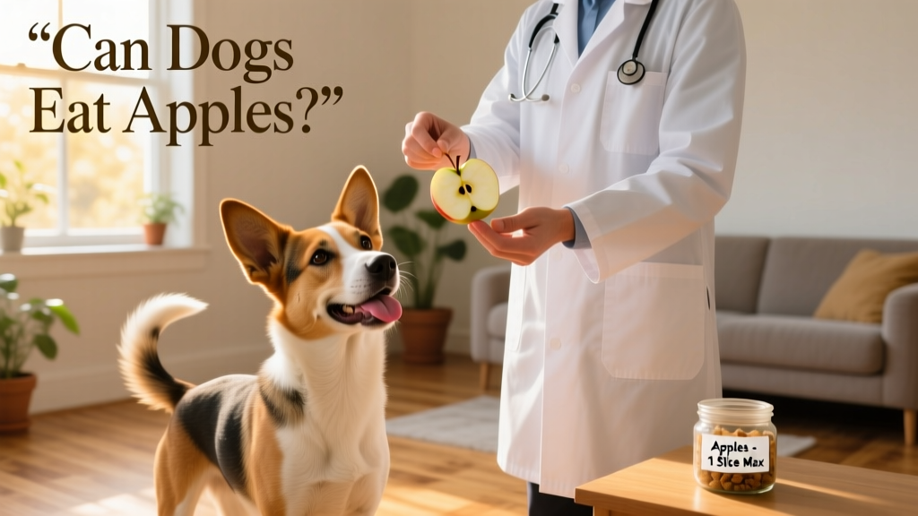 A vet holding an apple slice next to a friendly dog, demonstrating proper portion size