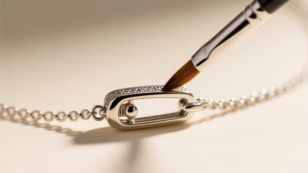 Extreme close-up of a 1.0mm lobster clasp on a delicate 16-inch necklace, highlighting the spring mechanism being gently brushed