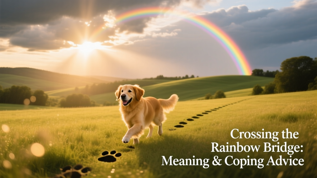 A warm, uplifting image of sunlight breaking through clouds above a field, with a faint, shimmering rainbow arching across the sky