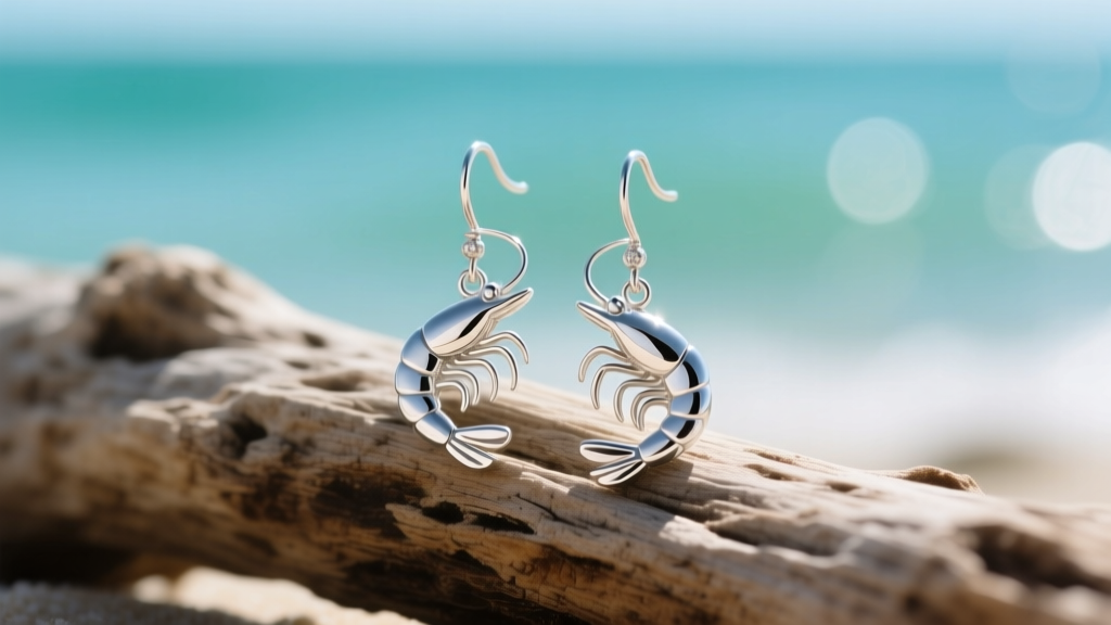 Macro shot of sterling silver shrimp dangle earrings catching sunlight, resting on driftwood with a soft ocean bokeh background