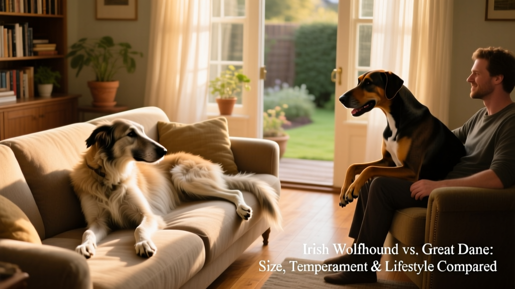 A relaxed Irish Wolfhound resting beside its owner on a living room sofa, and a playful Great Dane gently leaning against another person