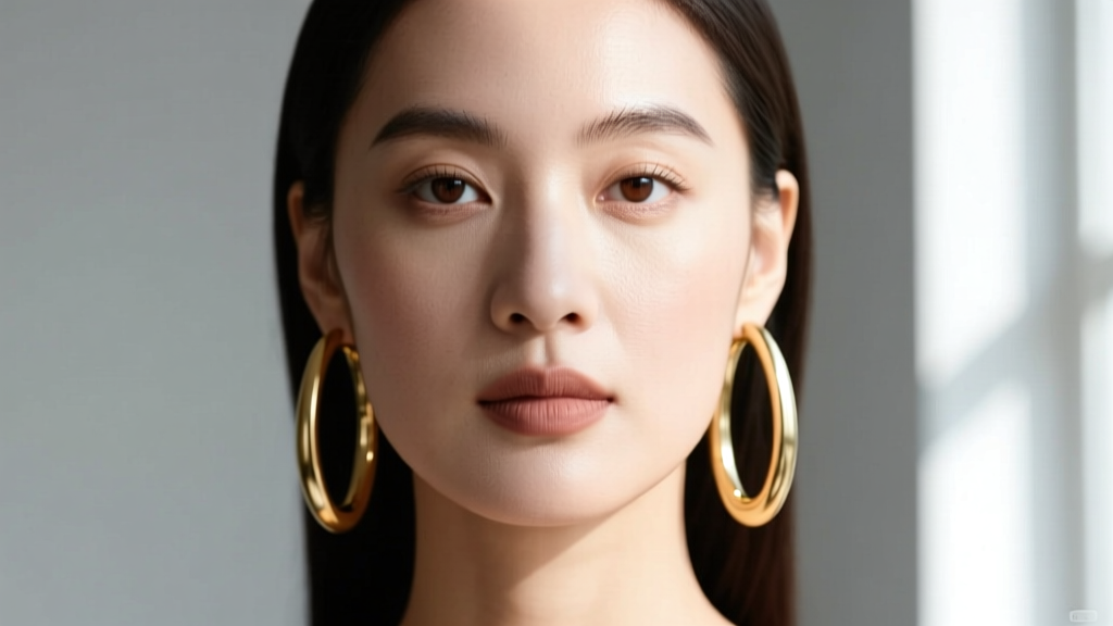 Portrait of a woman with a round face wearing elongated 40mm oval gold drop hoop earrings that visually lengthen her jawline.