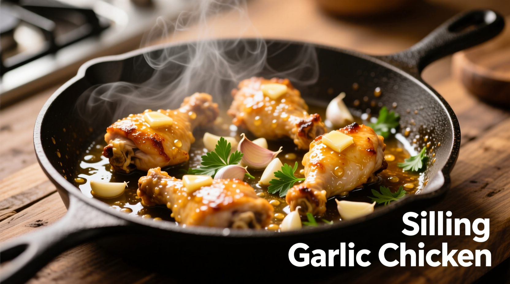 Golden garlic chicken sizzling in skillet