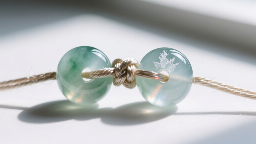 Macro view of precision silk knotting between matched 8mm translucent icy jade beads on a jeweler