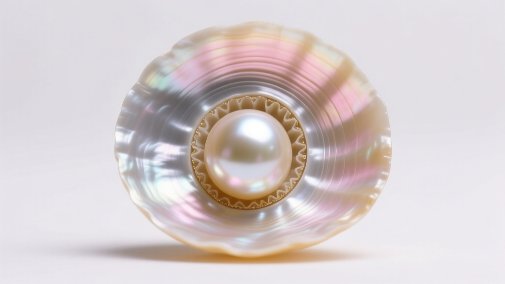 Macro photo of a South Sea pearl cross-section showing thick concentric nacre layers illuminated by soft, warm studio lighting
