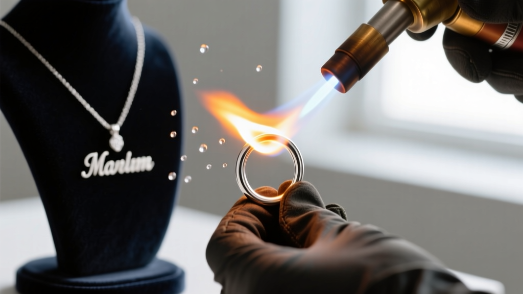 Jewelers torch heating a sterling silver jump ring to solder it closed, with a custom name necklace blurred in background