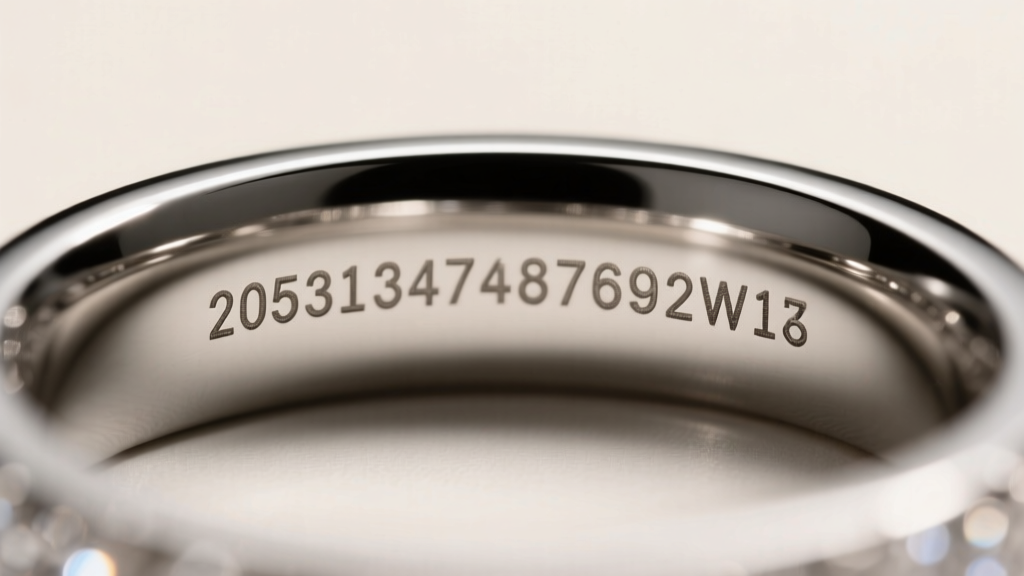 Macro shot of a laser-inscribed serial number inside a luxury diamond ring band, illuminated by a specialized jeweler's loupe