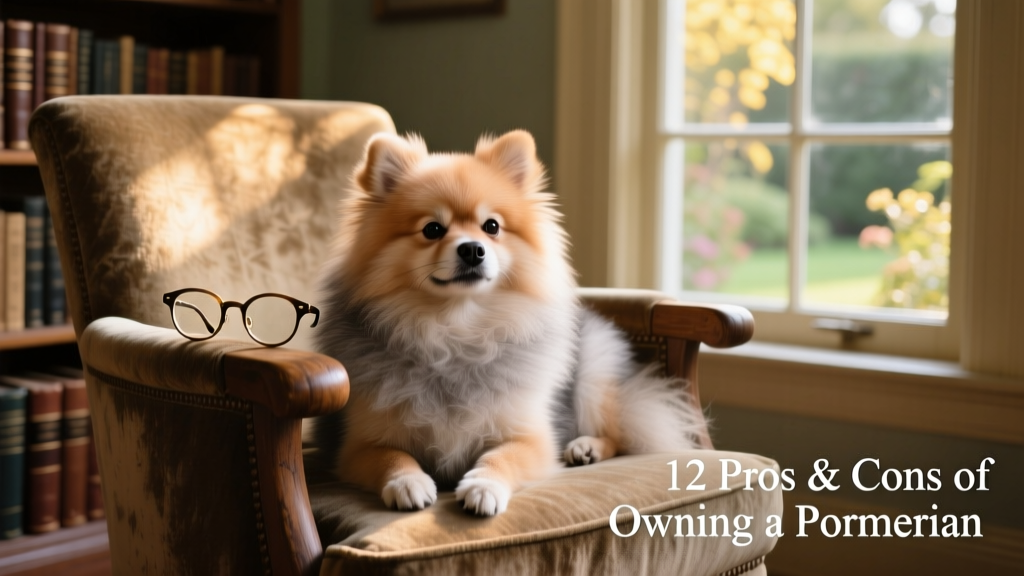 An elderly but alert Pomeranian resting peacefully beside a cozy armchair and a pair of reading glasses