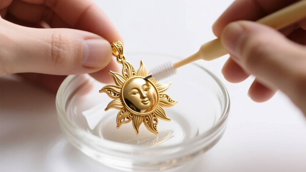 Jeweler using a soft baby toothbrush to gently clean the engraved crevices of a vintage gold sun pendant in a small glass bowl.