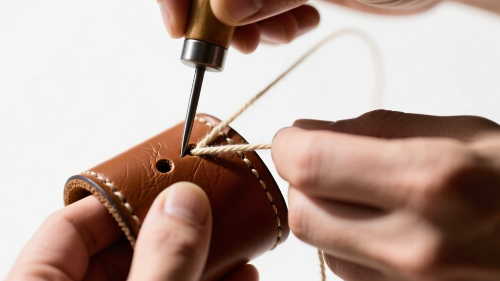 Hands using a pricking iron and waxed linen thread to perform a traditional saddle stitch on a thick vegetable-tanned leather cuff