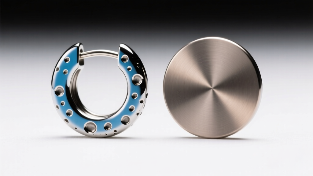 Macro view of a pitted 316L steel earring back next to a polished ASTM F136 titanium flat back under high-contrast studio lighting
