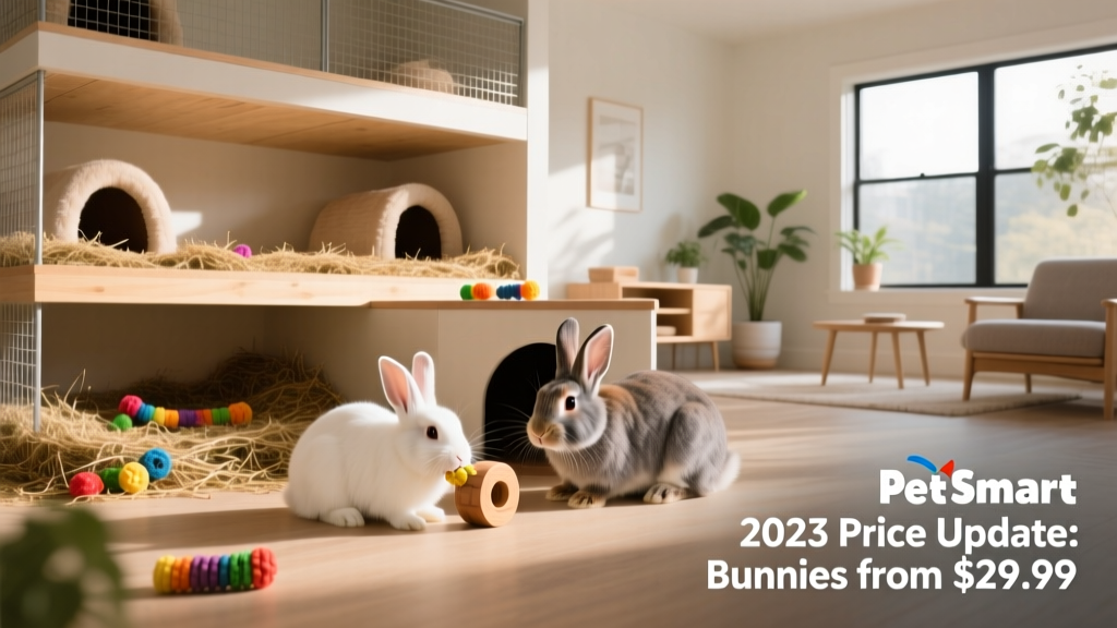 A spacious, multi-level indoor rabbit enclosure with bedding, hideouts, and chew toys