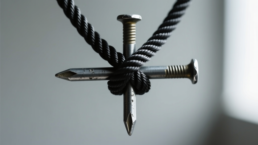Macro shot of tight black waxed cord whipping knot wrapping the intersection of two galvanized steel nails forming a cross pendant