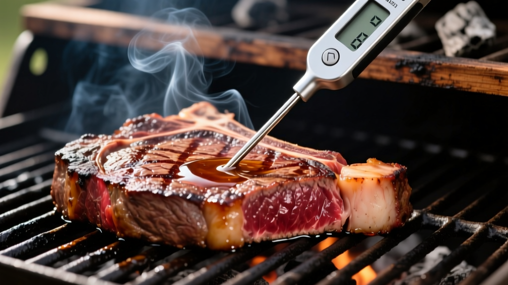 Close-up of a stainless steel wireless meat thermometer probe inserted into a thick tomahawk ribeye steak sizzling on a charcoal grill grate