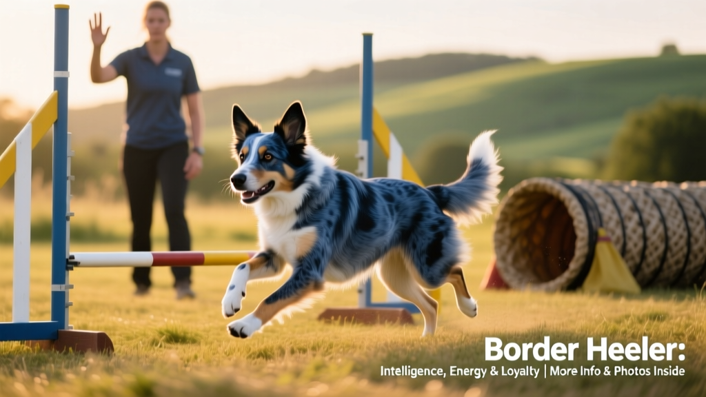 A Border Heeler concentrating intently while navigating an agility course with a handler