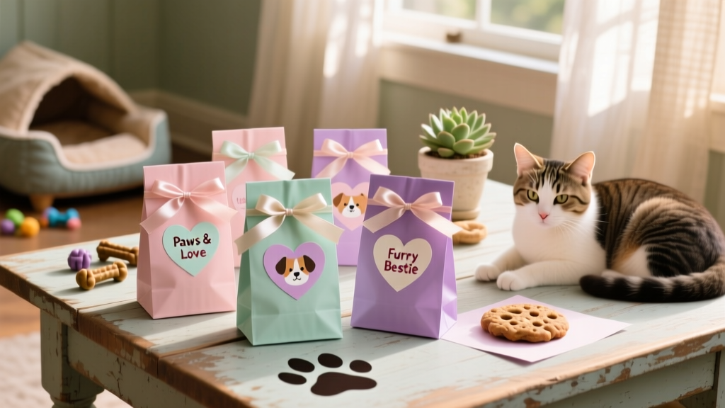 A collection of pastel-colored treat bags tied with ribbon and adorned with printed heart-shaped cards