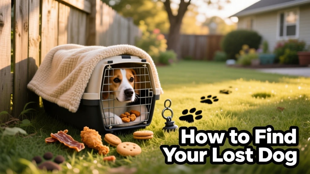A humane dog trap placed on a grassy patch near a backyard fence, with a cozy blanket and visible treats inside