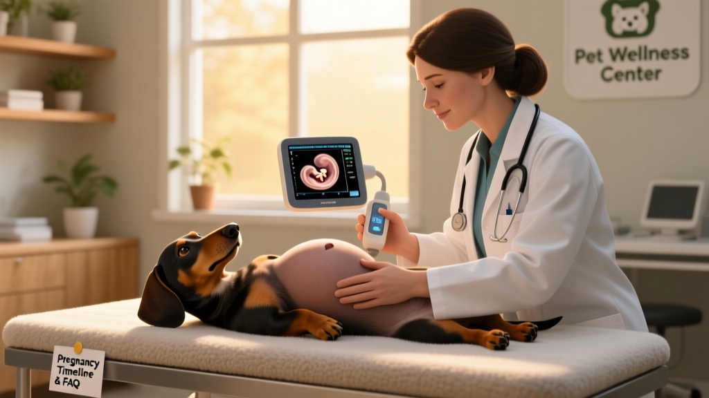 A veterinarian gently examining a pregnant dachshund while holding an ultrasound device