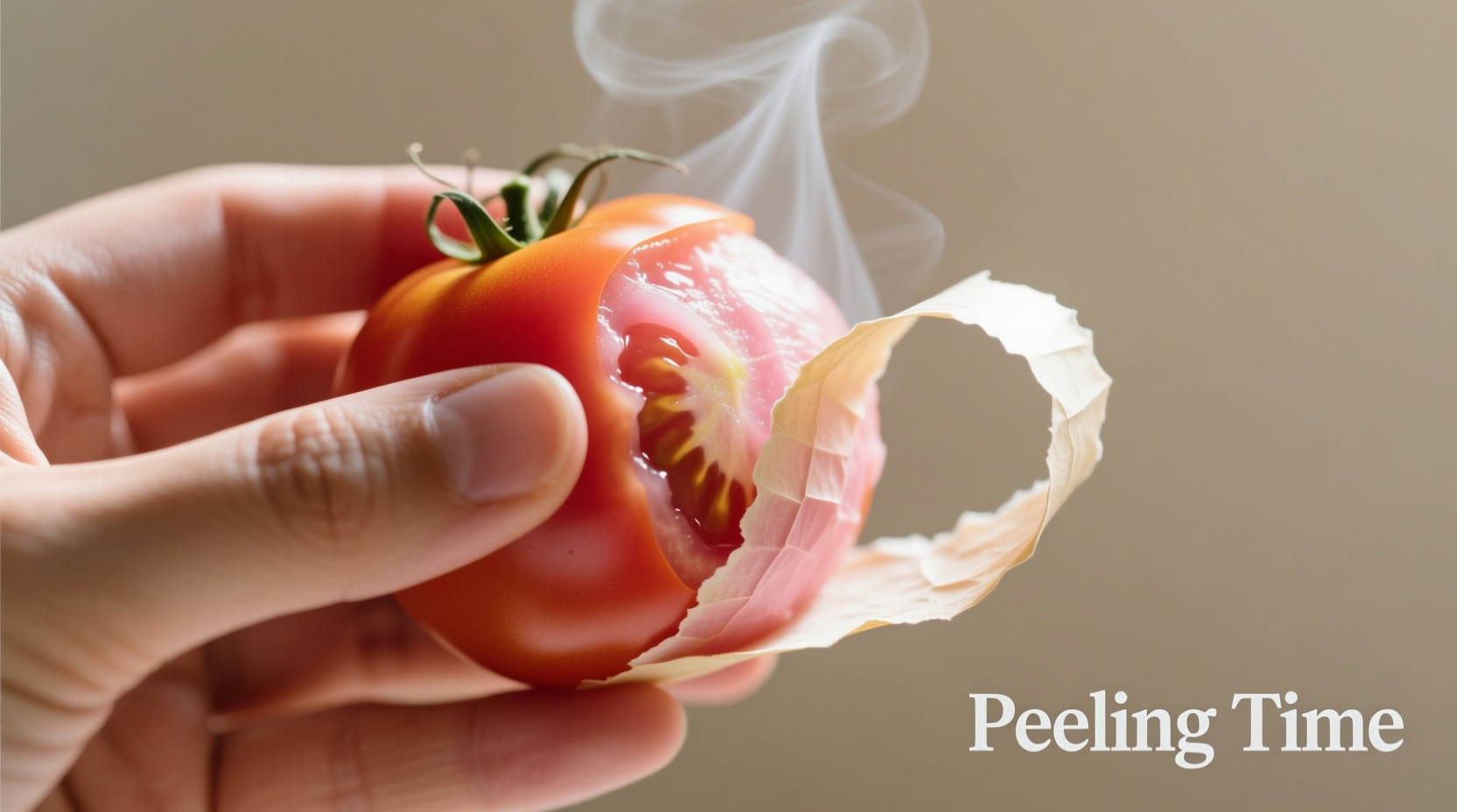 Hand peeling blanched tomato with skin curling back