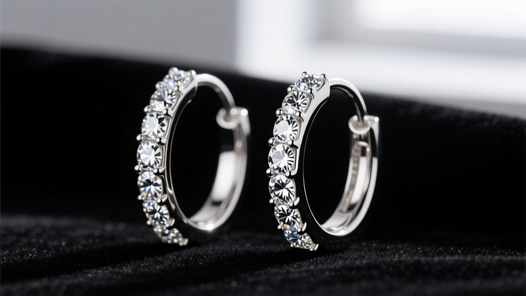 Side view of a sterling silver huggie hoop earring paved with round brilliant cubic zirconia stones on a dark velvet backdrop.