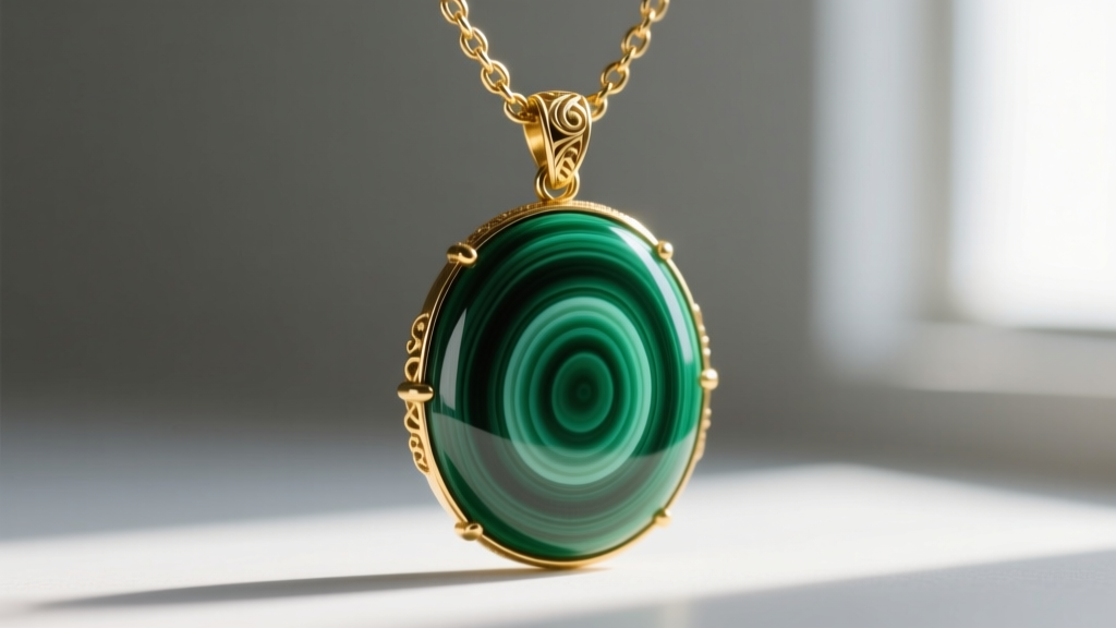 Close-up of a carved malachite pendant on a vintage gold chain, highlighting vivid concentric green banding and polished surface