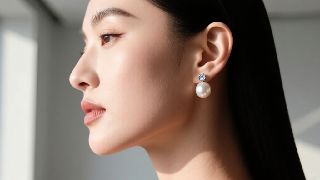 Side profile of a woman wearing a diamond stud with a 12mm drop pearl ear jacket, highlighting the silhouette against her jawline